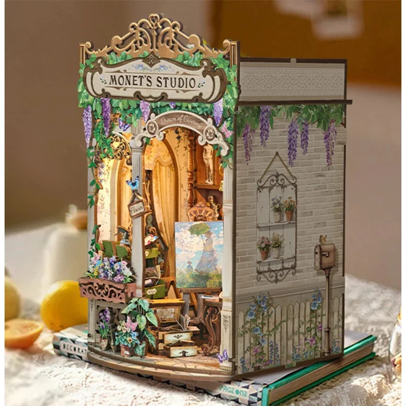 Model Kit Studio - 木製モネのスタジオブックヌック棚インサートDIYモデルキット、ライト付きフラワーブックエンド、友達への誕生日プレゼントに